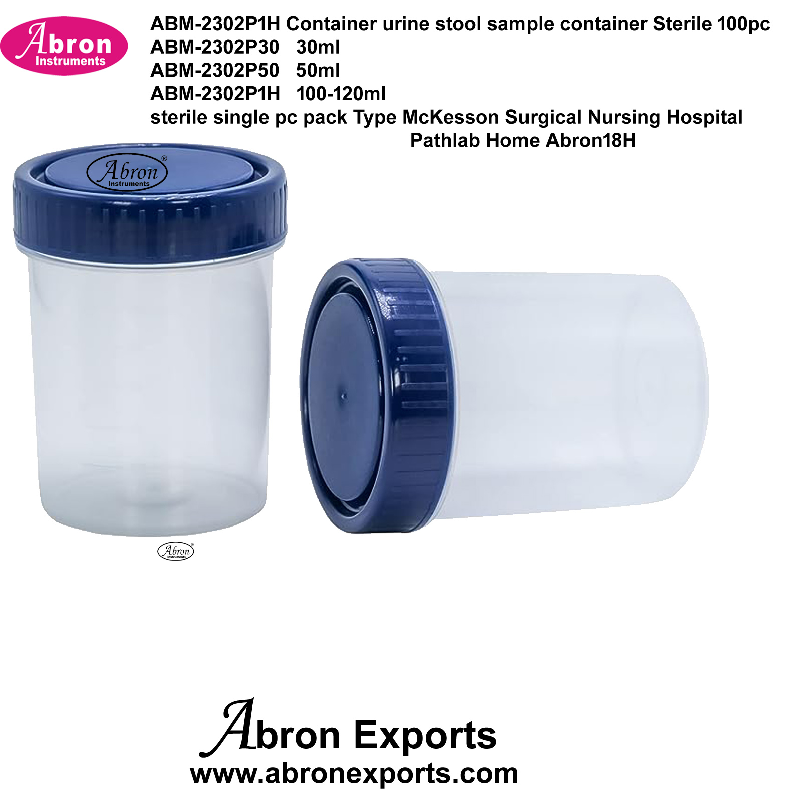 Container Urine Stool Sample Container 100ml 120ml 100 pc Sterile Single pc Pack Type McKesson Surgical Nursing Hospital Pathlab Home Abron ABM-2302P1H 